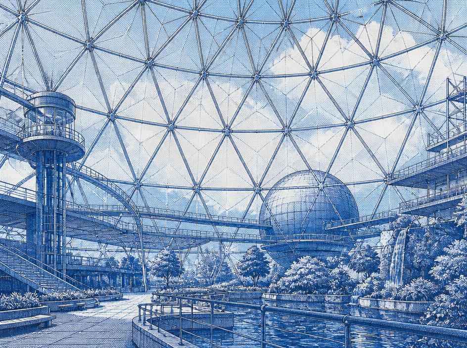 Blue technical illustration of a geodesic dome interior